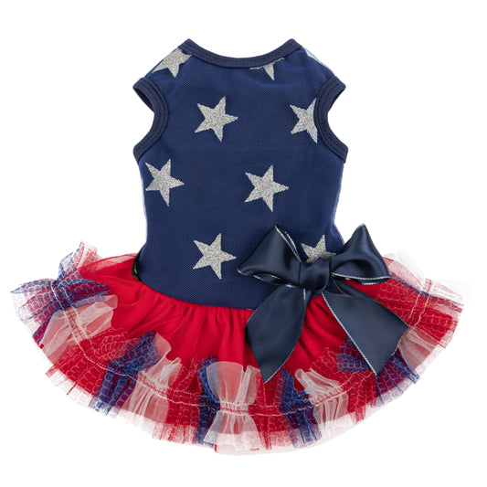 Fitwarm Patriotic Sparkly Stars Dog Dress, 4th of July Clothes for Small Dogs Girl, Pet Outfit, Royal Blue, Red, Silver, Small