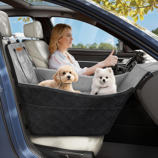 Tivray Elevated Dog Car Seat, Dog Booster Car Seats for Small & Medium Breeds Up to 35lbs, Fully Detachable and Washable, Soft Foam Pet Carseat with 2 Storage Pockets & 3 Safety Belts, Black & Gray