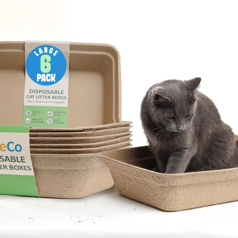 CallieCo Disposable Cat Litter Boxes - Portable Biodegradable Travel Litter Box for Cats, Sturdy and Durable Kitty Poo Box, Leak-Resistant Cat Tray Liners, Easy-Grip Rim, Large - 6 Pack