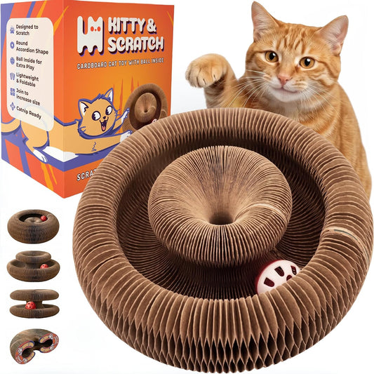 Kitty&Scratch Cat Scratcher Toy | Cardboard Cat Toy with Ball Track with Bell | Kitty Kurlz | Kitty Curls Style Accordion Toy | Expandable Reversible Cardboard Scratcher for Cats & Kittens