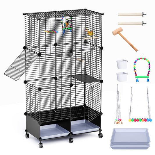JYEARN Flight Bird Cage with Wheels, 46-Inch Metal Parakeet Cage with Slide-Out Trays, Perches, Bowls & Bird Toys, Indoor Bird Cage for Cockatiel, Budgie, Lovebird, Finch & Small Birds