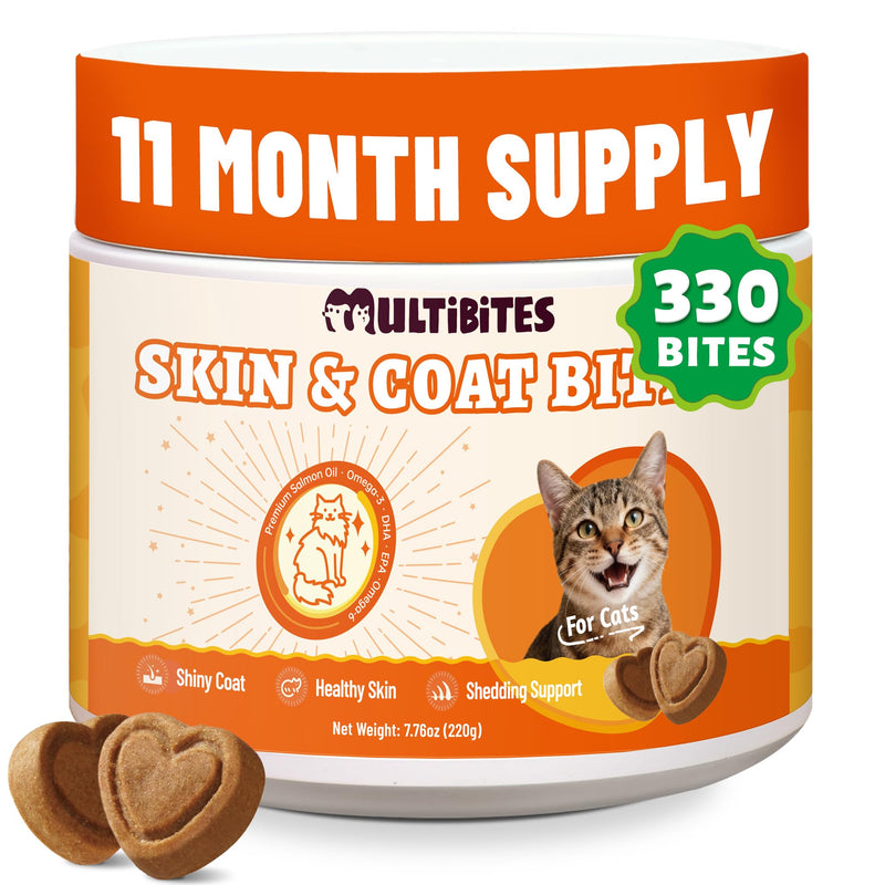 MUITIBITES 7.76 oz Skin & Coat Bites for Cats - with Omega 3, Omega 6 from Salmon Oil for Cats,Cat Vitamin E, Biotin - Supports Cat Skin Care,Anti Shed & Allergy Relief - Cats Skin and Coat Supplement