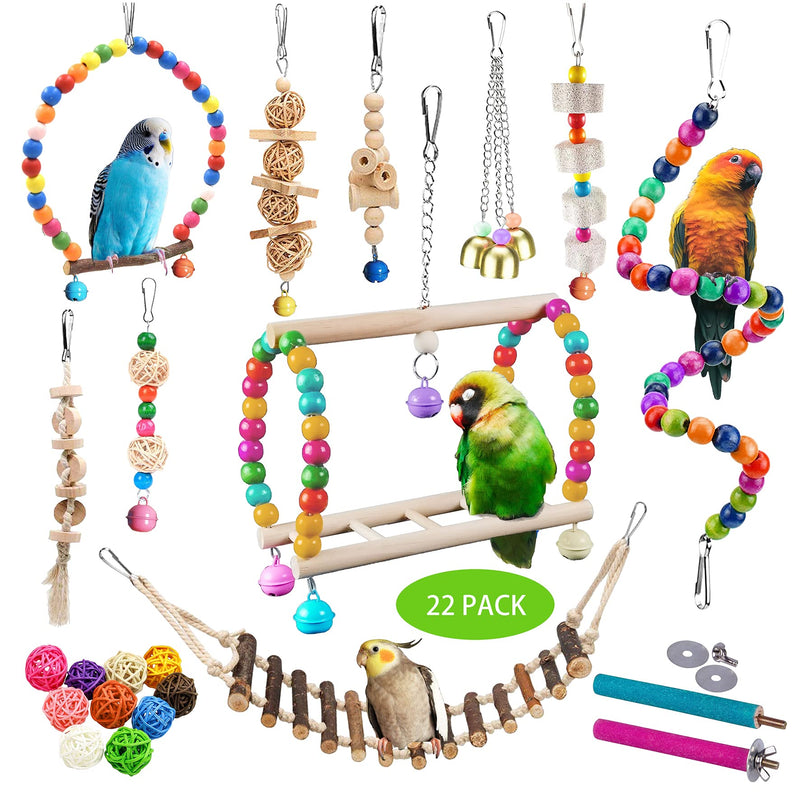 Sysmashing 22 Packs Bird Parakeet Cockatiel Toys,Parrot Swing Chewing Hanging Toy with Safe Bells,Bird cage Colorful Climbing Standing Rope Natural Wood Ladder Bungee Toys