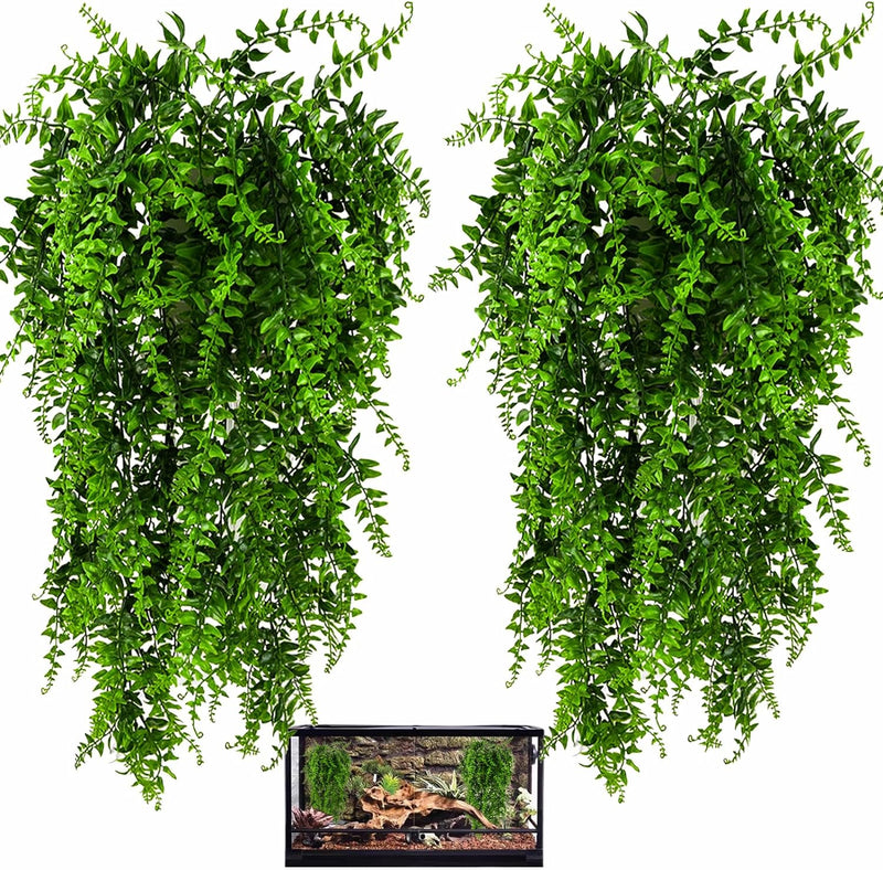 HERCOCCI 2 Pack Reptile Plants, Terrarium Hanging Plants Vines Artificial Leaves Habitat Decorations with Suction Cup fo