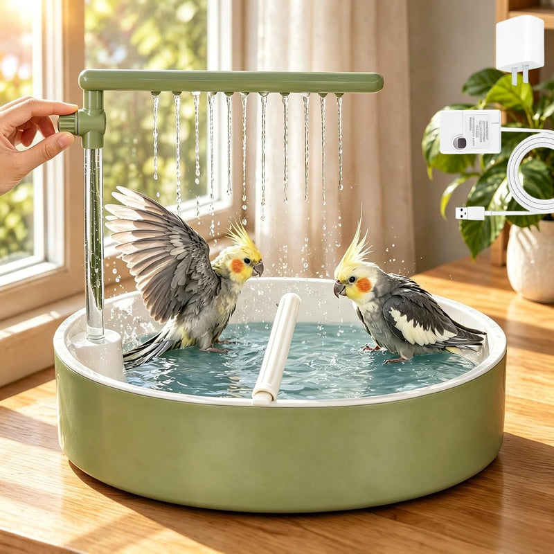 Bird Shower Parakeet Bath for Cage with Adjustable Water Flow Control Valve, Parrot Shower Bath for Budgies with Plug, Automatic Circulating Water Fountain for Pet Bird, Cockatiel, Conure(green pipe)