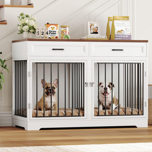 Dog Crate Furniture 47" Wooden Dog Kennels for Dogs Indoor with a Removable Divider for Large/Medium/Small Dogs, 2 Storage Drawers and Large Tabletop Dog Cages Double Doors Dog House, White