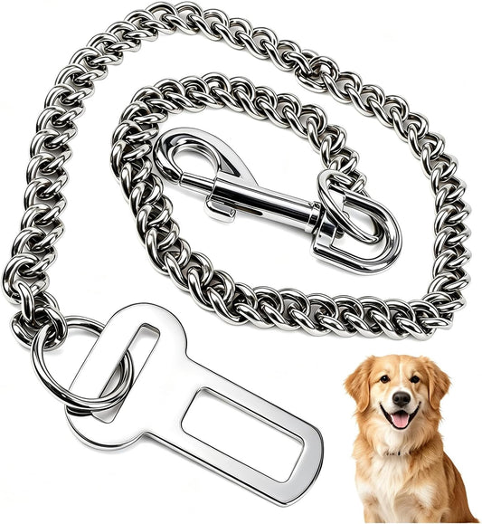 Dog Seat Belt for Car, Metal Chain Dog Car Leash Adjustable Safety Tether