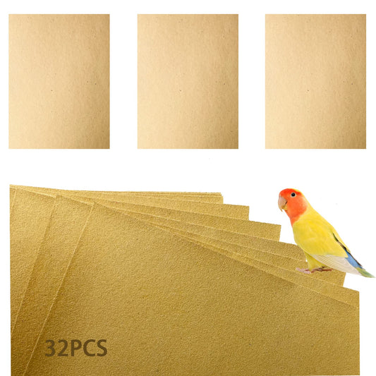 Hamiledyi Bird Gravel Paper, Special Sea Sand Liner for Page, Parrot Cage Gravel Paper Mat, 17x11 Inch Disposable Cushion Pads for Bird Parakeet Budgie 32PCS