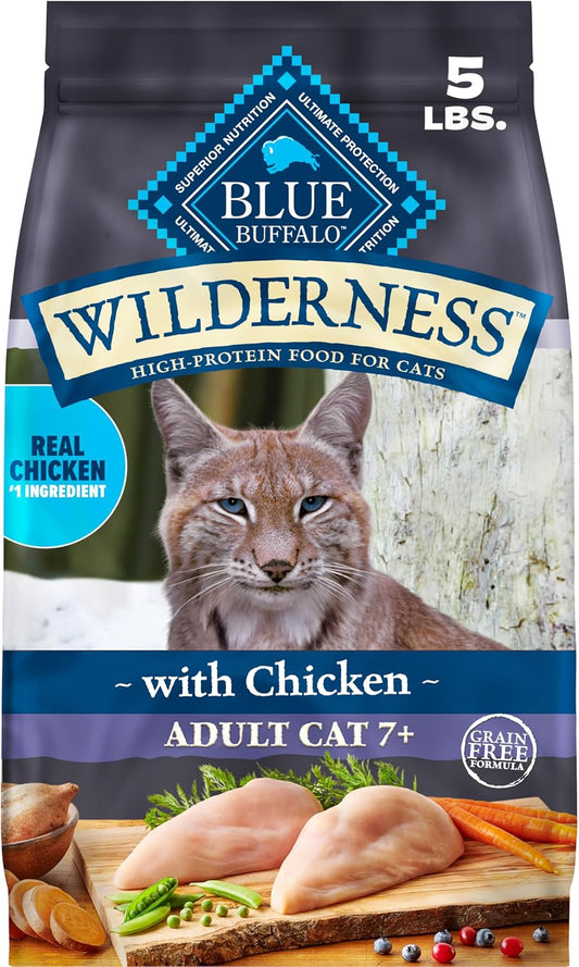 Blue Buffalo Wilderness Natural Mature Dry Cat Food for Cats 7+ Years, High-Protein and Grain-Free Diet, Supports Immune System Health and Energy to Stay Active, Chicken, 5-lb. Bag