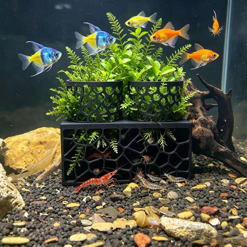 Porous Aquarium Shrimp Hideout with 2 Plant Cups, Multifunctional Fish Tank Breeding Shelter, Aquatic Plant Planter Brac