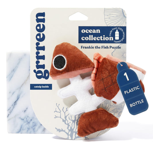 GRRREEN Cat Toys | Plush Fish Puzzle Stuffed Animal for Cats | Eco Friendly Interactive Cat Toys for Indoor Cats