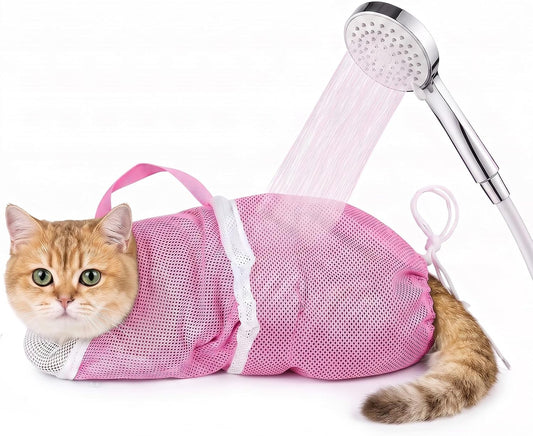 Pink Cat Bathing Bag, Breathable Mesh Anti Bite Anti Scratch Cat Shower Bag Adjustable Restraint Cat Washing Bag for Bat
