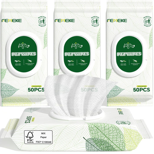 FEMEKE Unscented Dog Wipes & Cat Wipes (4x50 Packs) | Hypoallergenic, pH Balanced for Paws, Body, Eyes & Ears Grooming |All-Natural Plant Fiber Wipes with Aloe & Vitamin E | Pearl Texture