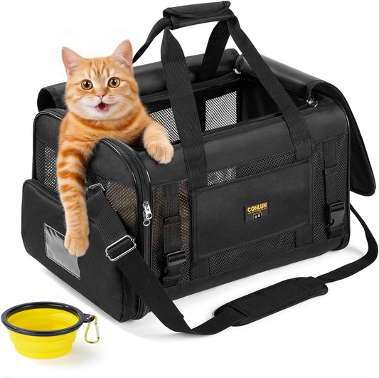 Conlun Cat Carrier Soft-Sided Pets Travel Carriers up to 15 Lbs,Black M