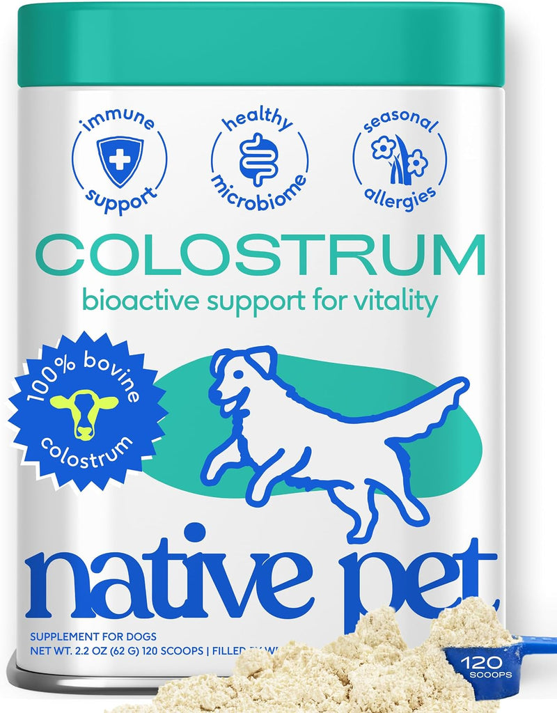 Native Pet Colostrum for Dogs - Bovine Colostrum Powder - Dog Allergy Relief, Itchy Skin Relief, Immune Support & Gut Health - 100% Single-Ingredient Supplement with Bioactive Nutrients - 120 Scoops