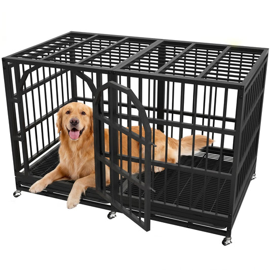 48 Inch Heavy Duty Dog Crate Indestructible Dog Kennel Large Indoor Escape Proof Big Cage for High Anxiety Large Dogs with Wheels, Locks and Removable Trays