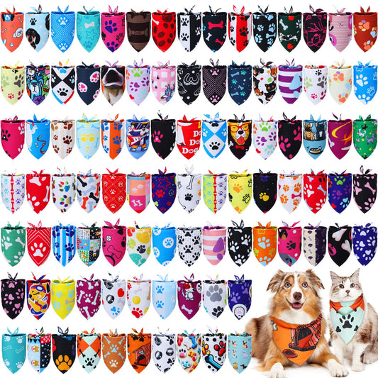 Huhumy 100 Pcs Paw Dog Bandanas Bulk Pet Bibs Colorful Triangle Scarf Paw Pattern Pet Bandanas for Medium Large Dogs Holiday Summer Birthday Costume Decor