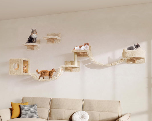 Homiflex 9-in-1 Cat Wall Shelves, Stable & Safe Wall Mounted Cats Shelf Furniture Set with Plush Fabric, Wooden Cat Climbing Wall Systems with Scratching Post, Bridge Ladder, Floor Space-Saving, Beige