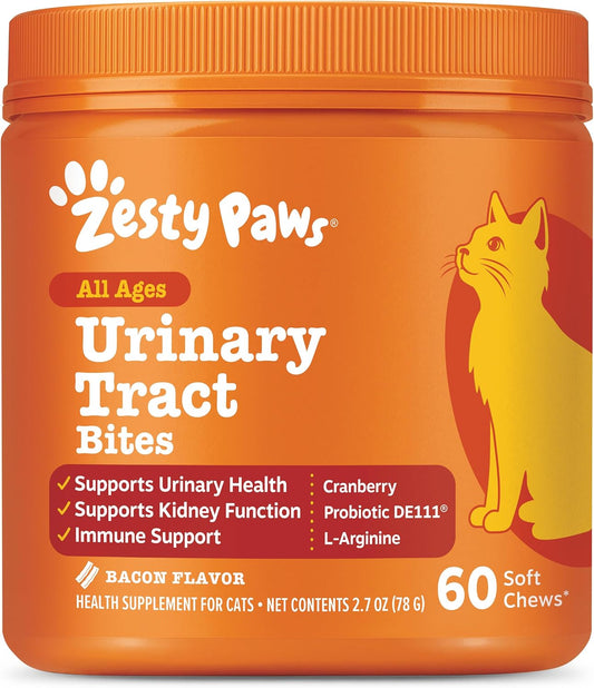 Zesty Paws Cranberry Urinary Tract Bites for Cats - Kidney & Urinary Tract Health - Soft Chews with D-Mannose, Vitamin B6 & L-Arginine - Immune & Gut Support - Bacon - 60 Count