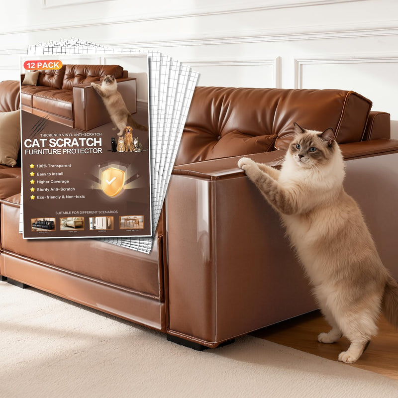 Cat Scratch Protector for Leather Couches | Easy-Apply & Removable Sofa Guard | Anti-Scratch Tape for Cat Claws | Cat Scratch Protector for Leather Couches (12 Pack)