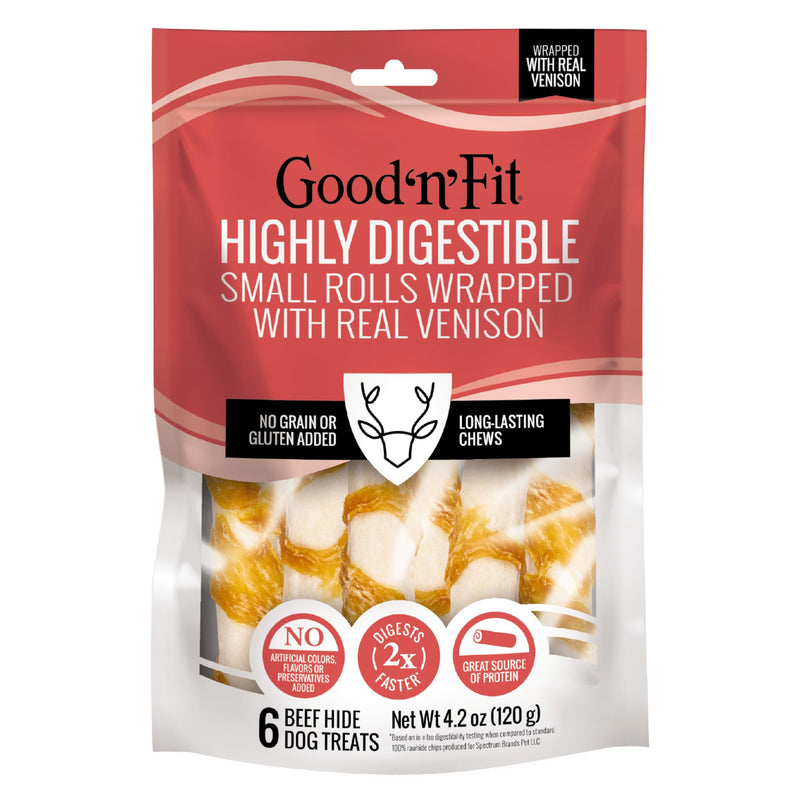 Good ‘n’ Fit Rolls Made with Real Venison, 6 Small Rolls, Treat Your Dog to Long-Lasting and Highly Digestible Rawhide Chews