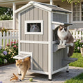 PetsCosset Cat House for Outdoor Cats, Weatherproof 2-Story Wooden Cat Shelter with 2 Rooms, Feeding Station, Escape Door, Pull-Out Floor and Openable Asphalt Roof, Grey