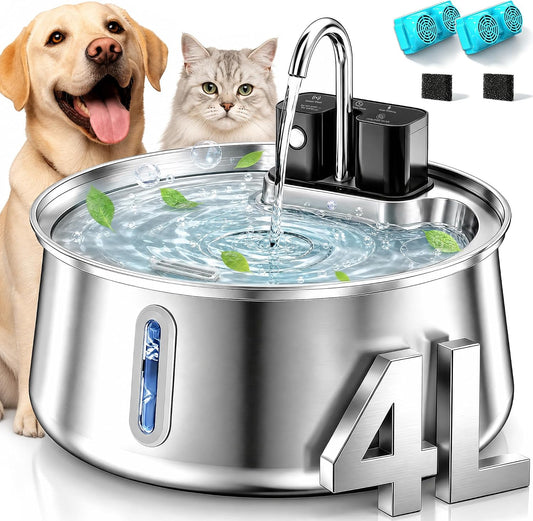 Selene Dog Water Fountain, 4L Stainless Steel Dog Water Fountain with Visual Water Level, Super Quiet Dog Water Bowl, 5-