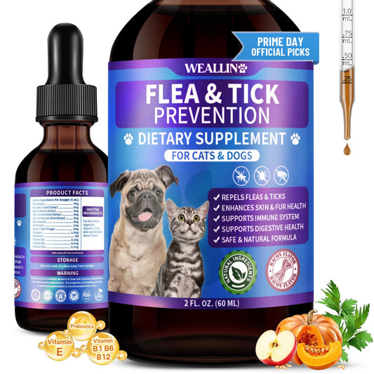 WEALLIN Flea and Tick Prevention for Cats and Dogs Natural Flea Treatment Support Drops with Multivitamin for Pets Oral Natural Supplement Flea and Tick Treatment Drops for All Breeds and Ages