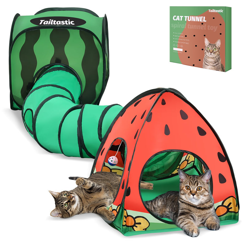 Tailtastic 3-in-1 Watermelon Cat Play Tunnel with Pop-Up Cube & Triangle Cat Tent, Interactive Toy Ball & Foldable Design - Easy Magic Tape Assembly Tunnels for Indoor Cats