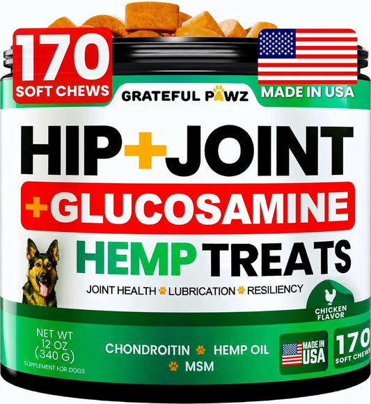Hemp Hip and Joint Supplement for Dogs - Glucosamine for Dogs - 170 Joint Pain Relief Treats - Chondroitin, MSM, Hemp Oil - Advanced Health Supplement - Mobility Support Chews - Made in USA