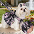 Dog Plaid Dress Harness and Leash Set with Pearls Bow Adjustable Puppy Dress Mesh Vest Bow Knot Pet Clothes for Cute Sma