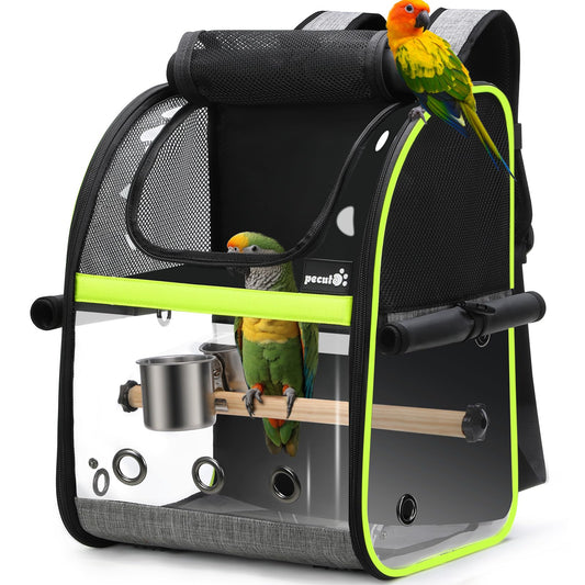 Pecute Bird Carrier Backpack, Parrots Bird Backpack with Visible Window, Adjustable Height Standing Perch, Feeding Cans, Waterproof Pads, Lightweight Foldable Birds Travel Cage for Hiking Camping