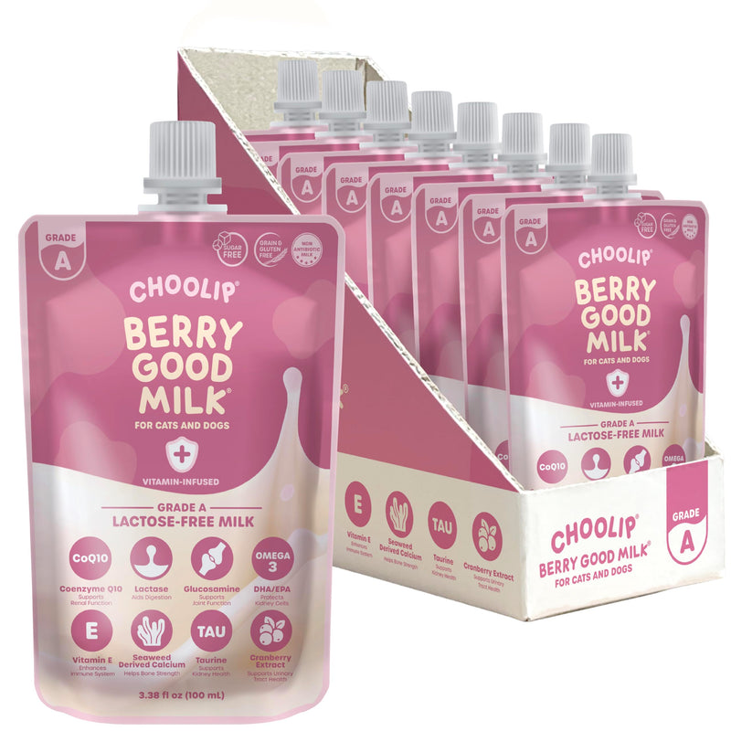 Choolip Berry Good Milk for Cats & Dogs – Lactose-Free Pet Milk Pouches – Vet-Formulated Hydrating Drink with Cranberry, CoQ10, Glucosamine & Omega-3 (100mL x 8 Pouches)