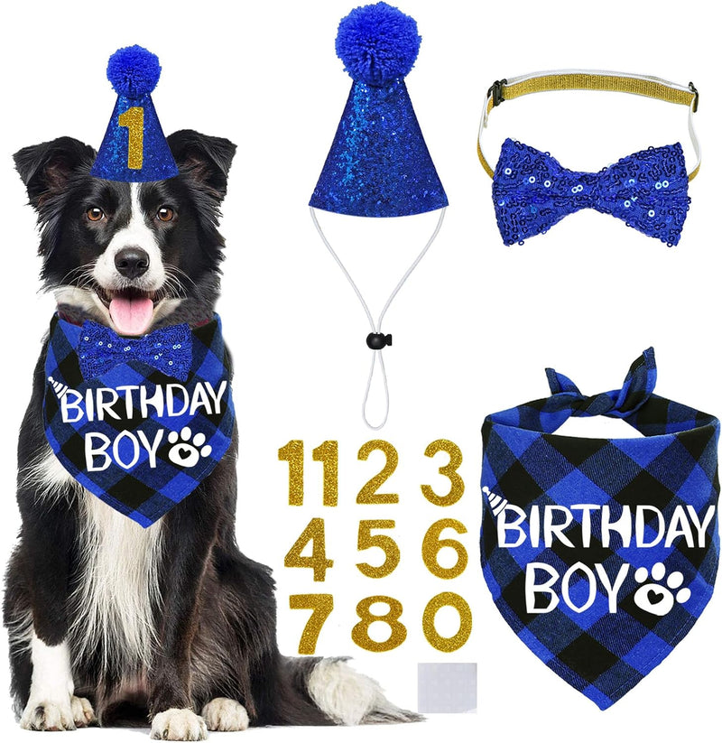 STMK Dog Birthday Party Supplies, Multi Sizes Dog Birthday Hat with Numbers Bandana Bow Tie for Medium Large Dogs Pets