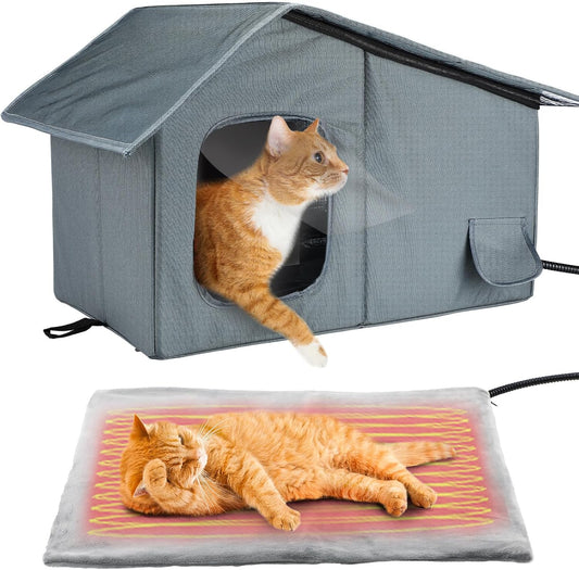Mewtogo Weatherproof Outdoor Heated Cat House with Thermostatic Heating Pad