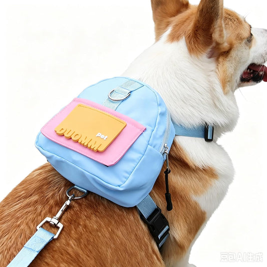 C896. Cute Pet Backpack Dog Harness and Leash Set, Waterproof Mini Storage Bag Vest Harness Adjustable Reflective Walkin
