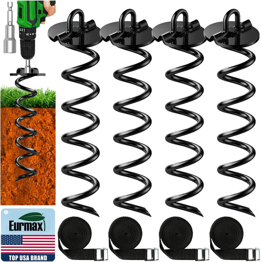 Eurmax USA 4-Pc Pack Spiral Stakes Heavy Duty Anchor Kit Ice Screw Anchor for Trampoline, Tents, tarps, Canopies,car Ports,Dog tie Out and etc Bonus Tie Down Straps 4-Pc Pack (Black)