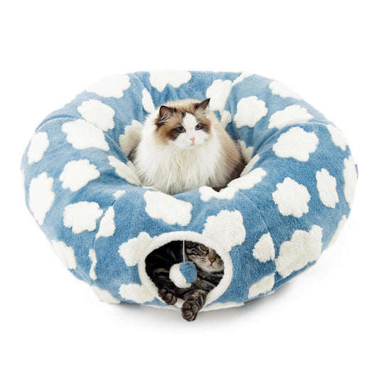 Lesure Cat Tunnel Bed for Indoor Cats - Cute Cat Donut Tunnel Toys for Small Large Cats with Washable Circle Cushion, Round Pet Peekaboo Cave Toy for Kitten/Puppy/Rabbit, Standard Cozy Clouds Blue
