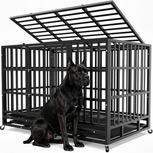 Hiwokk 48 Inch Heavy Duty Dog Crate, Indestructible Escape-Proof Dog Kennel for High Anxiety Large Dogs, Strong Metal Pet Cage with Double Doors, Lockable Wheels & Removable Tray, XL XXL XXXL