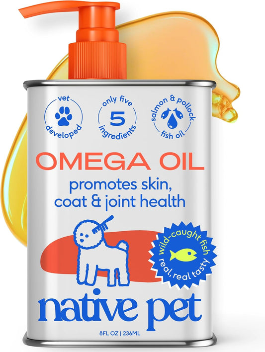 Native Pet Omega 3 Fish Oil for Dogs & Cats - Wild Alaskan Salmon Oil Liquid Supplement - Skin and Coat Support - 8 oz