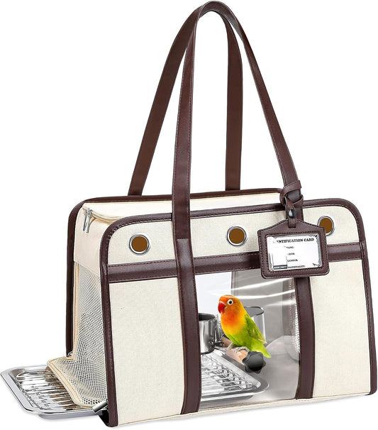 Sanmoncare Airline Approved Bird Carrier for Parrots, Travel Bird Cage Carrier for Cockatiels Conures Small Birds, Portable Pet Carrier Bag with Removable Tray, Breathable Mesh Windows, White