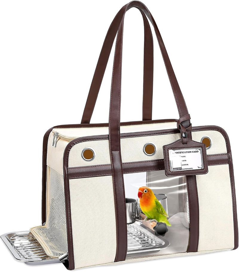 Sanmoncare Airline Approved Bird Carrier for Parrots, Travel Bird Cage Carrier for Cockatiels Conures Small Birds, Portable Pet Carrier Bag with Removable Tray, Breathable Mesh Windows, White