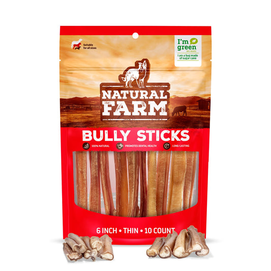 Natural Farm Odor-Free Thin Bully Sticks (6”, 10-Pack) All-Natural Long-Lasting Dog Chews, 100% Beef Pizzle, Grass-Fed, Grain-Free, Protein for Muscle Development & Energy, Perfect for Medium Chewers