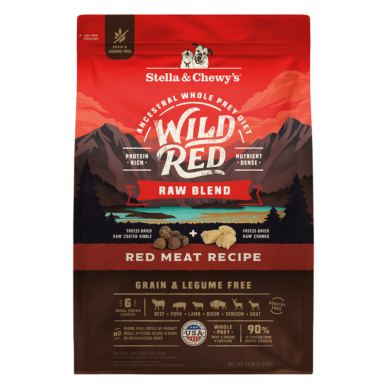 Stella & Chewy's Wild Red Raw Blend Kibble - Premium Freeze-Dried Raw Coated Dog Food - Perfect For Picky Eaters - High Protein Grain Free with 6 Red Meat Sources - 21lb Bag