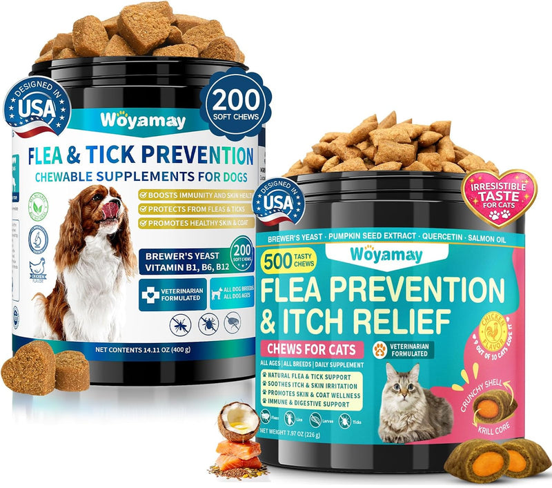Woyamay Multi-Pet Flea Care Bundle – Dog Flea Prevention Soft Chews + Cat Flea & Itch Relief Crunchy Chews, Natural Skin