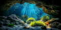 Underwater Cave Aquarium Background Rocks Water Plants Sunburst Landscape Fish Tank Background 24x12 Inches PVC Glass Co