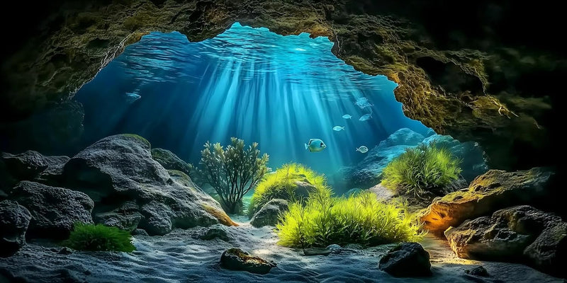 Underwater Cave Aquarium Background Rocks Water Plants Sunburst Landscape Fish Tank Background 24x12 Inches PVC Glass Co