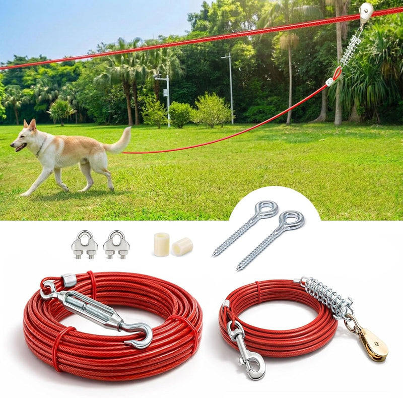 Heavy Duty Aerial Dog Tie Out Trolley System for Small to Large Dogs - Run Cable 100ft /75ft Zipline with 15ft Runner Ca