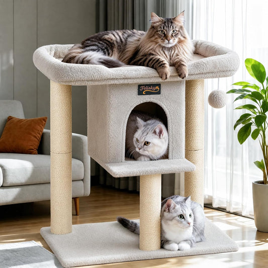 Cat Tree Tower Scratching Post for Indoor Large Cats, Small Cat Tree with Big Perch Bed, 28in Tall Trees House with Condo Cave, Toy Balls, Modern Climbing Furniture Platform for Kitten (Light Gray)