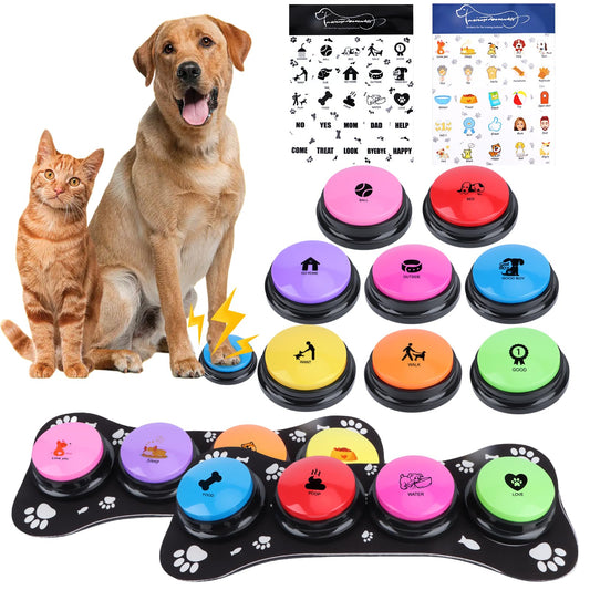 REAQUE Dog Buttons for Communication,8Pcs 8 Color Talking Button Set with 30s Recordable Voice Pet Training Buzzers with 2 Mats & 2 Stickers, Talking Buttons for Dogs & Cats (Batteries Not Included)
